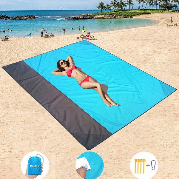 PinRui Beach Blanket,Picnic Blanket,Extra Large 210 * 175cm(82 x 69in),Beach Mat Waterproof Sandproof for 4-7 Adults for Travel,Camping,Hiking,Music Festivals,4 Fixed Piles+1 Metal Buckle