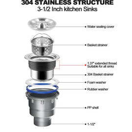 QruiLanTu 3-1/2'' ﻿Sink Drain Kit Sink Drain Basket Sink Drain Assembly 304 Stainless Steel Sink Strainer Drain Basket Replacement Fit Standard Sink Drain Hole for Kitchen Bathroom Laundry Room
