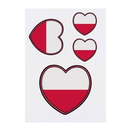 4 x 'Poland Flag Heart' Temporary Tattoos - Water Resistant, Skin-Safe, Non-Toxic Transfers, Mixed Sizes (TO00062338)