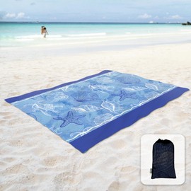 Sunlit Soft Sandproof Beach Blanket with Corner Pocket and Mesh Pocket for Beach, Party, Travel, Camping and Outdoor, 106 x 81 inch, Blue Shell