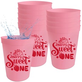 Qxcv Berry Sweet One Plastic Cups 16oz Strawberry Birthday Reusable Cups Strawberry Baby Shower Drinkware Berry Theme First Birthday Party Supplies 12Pcs Pink