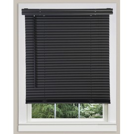 PowerSellerUSA 1" Slats Cordless Window Blinds, 64L x 27W Inches Solid Pattern Light Filtering Vinyl Indoor-Outside Ceiling Mount Mini Blind, Manual Cordless Rollup Window Privacy Blinds, Black