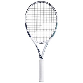 Babolat Evo Drive Lite 2nd Gen Tennis Racquet, White - Strung with 16g Black Syn Gut at Mid-Range Tension (4 1/8" Grip)