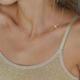 BriLove 925 Sterling Silver Sideways Cross Necklace, Cubic Zirconia Delicate Choker Necklace for Women Simple Trendy Everyday Jewelry Clear Gold-Tone