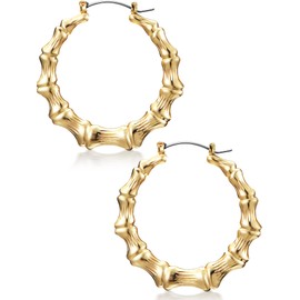 Large Bamboo Earrings Woman Hip Hop Oversized Metal Brass Hoop for 80s 90s Custom Name Daily Wear Rapper Accessories Party Fashion Jewelry(2.5 Inch,Golden)