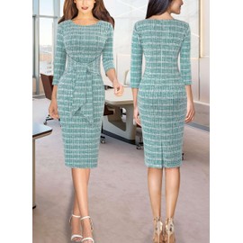 VFSHOW Womens 2024 Fall Work Business Dresses Tweed Crew Neck Front Zipper Tie Waist Office Slimming Sheath Pencil Dress (Teal Green, Small) 11720 GRN S