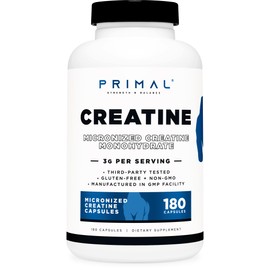 Primal Creatine Monohydrate (3,000 Mg, 180 Caps) - Micronized Creatine Supplement, 750mg Per Capsule, Great for Preworkout and Recovery - Gluten-Free, Non-GMO