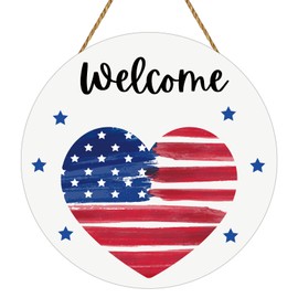 Patriotic Decorations 4th of July Wreaths for Front Door Red White and Blue Decorations American Heart Wooden Welcome Sign Door Decor for Fourth of July Memorial Day Porch Wall Indoor Home Decor