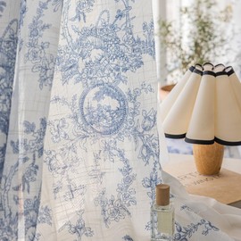 SUOUO Blue and White Floral Semi Sheer Curtains Linen Textured for Living Room 96 inches Long 2 Panels Rod Pocket Light Filtering Window Drapes for Bedroom Dining