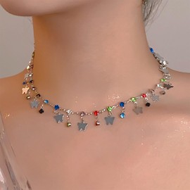 Jugielu Boho Colorful Crystal Necklace Choker Rainbow Rhinestone Dangly Necklace Silver Tiny Butterfly Dangle Chain Cubic Zirconia Collar Jewelry for Women