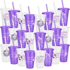 Havawish 24 Pcs Church Gifts Bulk for Mother 16 oz Christian Butterfly Cups Plastic Religious Bible Tumbler with Lid and Straw for Pastor's Wife Women (Purple,White)