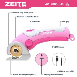 ZEITE 4V Cordless Scissors,Electric Cardboard Box Cutter with Titanium Coated HSS Blades,Rotary Cutter with Safety Lock for Leather Carpet Fabric Cutting,Sewing,Crafting,Storage Case,Pink