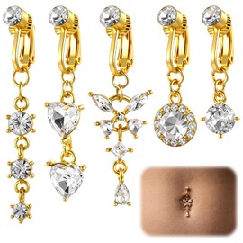 Josojoou 5PCS Fake Belly Button Piercing with Contains Zircon, Gold Clip on Belly Button Rings, Fake Belly's Buttons Ring, Non Piercing