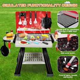 Kids Play Kitchen Toys, Kids BBQ Grill Kitchen Playset with Smoke, Sound & Light, Play Food Toys Cooking Set, 2-Layer Barbecue Outdoor Play Grill Toy Gift for Toddler Boys Girls 3-5