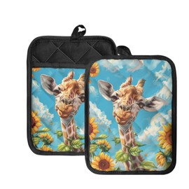 WELLFLYHOM Sunflower Giraffe Pot Holders with Pocket Kitchen Heat Resistant Hot Pads Thanksgiving 2 Piece Non-slip Potholders Oven Mitts Kitchen Gloves Cooking Bag