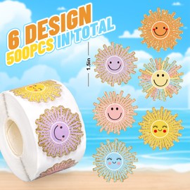 FYSUIMU Boho Smile Sun Stickers Roll Cartoon Happy Face Sunshine Self-Adhesive Sticker Decals for Back to School Summer Birthday Teacher Reward, 500 Pcs