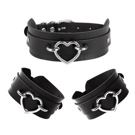 Manfnee Leathter Choker Bracelet With Heart Wide Cuff Wristband Punk Rock Collar Necklace Bracelets