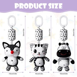 Aolso Pram Toy, 3 Pieces Hanging Rattle Toy, Black and White Toy, Baby Hanging Toy, Newborn Car Seat Toy for Boys and Girls (Fox/Kitten/Zebra)
