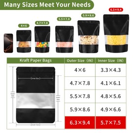 100Pcs 6x9 Inch Smell Proof Bags Stand Up Pouches Resealable Mylar Clear Bags with Window and Zipper Food Storage Coffee Snacks Baked Food Packaging for Small Business (Black)