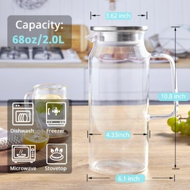 Bivvclaz 2 Liter 68 oz Glass Pitcher with Lid and Spout, Bivvclaz Glass Carafe for Hot/Cold Water, Large Iced Tea Pitcher for Coffee, Juice and Homemade Beverage