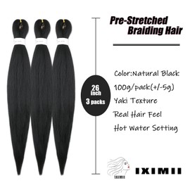 IXIMII Pre Stretched Braiding Hair 26 inch 3 packs Natural Black Kanekalon Braiding Hair Pre-Stretched Long Straight EZ Braids Soft Yaki Texture Synthetic Hair Extensions Hot Water Setting 1B#