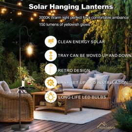 Kirschblüte 60" Solar Floor Lamp with Detachable Hanging Lantern & Small Side Table - Cordless, Waterproof Outdoor Lighting for Deck, Patio, Garden, Porch - Weatherproof Iron Floor Light