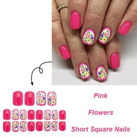 Pink Press on Nails Short Flower Fake Nails Glossy Square Glue on Nails Cute False Nails with Colorful Floral Designs Extra Short Acrylic Nails Reusable Stick on Nails for Women Girls 24Pcs