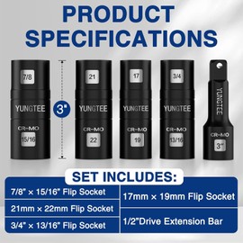 YUNGTEE Lug Nut Impact Socket Set, 1/2-Inch Drive | Innovative 8-IN-4 Flip Socket Design, Covers Most Commonly Used Inch & Metric Wheel Nuts | Cr-Mo Steel = Full Impact Grade