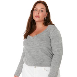 TRENDYOL Women's V-Neck Plain Regular Plus Size Pullover Sweatshirt, lightgrey