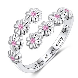 LEXLUNE Adjustable Dainty Daisy Ring for Women, S925 Sterling Silver October Birthstone Tourmaline Sunflower Flower Ring For Daughter, I Think Of You Every Daisy Ring, October Birth Flower Ring