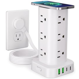 Regleta de alimentación de torre con cargador inalámbrico, protector de sobretensiones de torre con enchufe plano y cable de extensión de 6 pies, 12 s