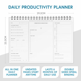 Daily Productivity Planner by Clear Mind Concepts® - A4 Spiral Bound, 160gsm Thick Double-Sided Pages for Mind, Body, Spirit & Time Management for 6 Months of Self Mastery (Updated Edition)