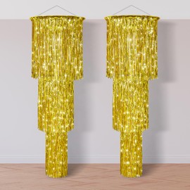 2 Pcs 3 Tier Gold Metallic Tinsel Chandelier Shimmering Fringe Chandelier Decor Hanging Decoration Photo Booth Backdrop for Birthday Party Anniversary Wedding New Year's Eve Party Supplies, 4 ft