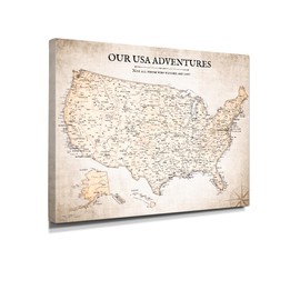 IPIC - Vintage USA Map Canvas Wall Art, Large Travel Map Print for Home, Office, or Study, Push Pin Map Decor for Travel Lovers, Ready to Hang