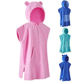 MissShorthair Towel Poncho for Kids, Hooded Beach Towel for Girl&Boy, Surf Poncho Swim Changing Robe Microfiber Bath Towel 11-14 Years Bear Pink