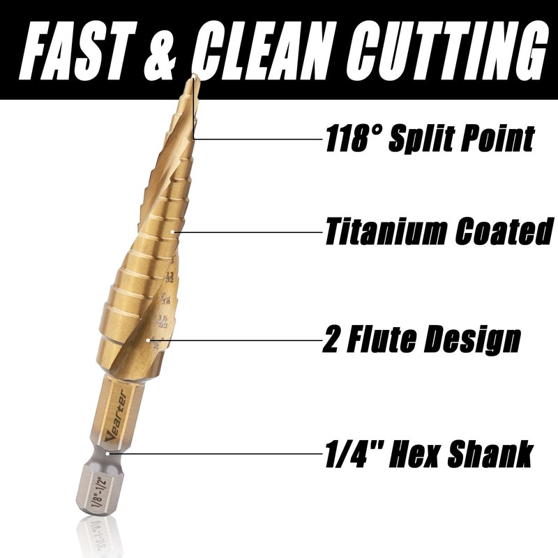 Vearter HSS Spiral Groove Double Flute Step Drill Bits, 1/8"