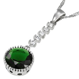 RIZILIA Pendant with 18" Chain & Round Cut CZ [Simulated Green Emerald] in White Gold Plated, Simple Modern Elegant