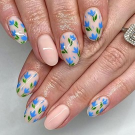 Press on Nails Short Round Fake Nails with Blue Flower Green Leaves Designs Glue on Nails Milky Full Cover Nails Press ons Glossy False Nails Artificial Stick on Nails for Women 24 Pcs