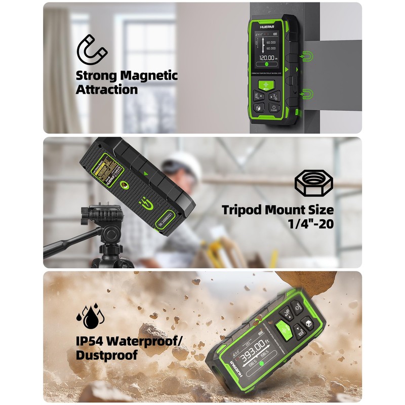 Huepar Professional Dual Laser Measuring Tool 393ft, Rechargeable Bilateral Laser