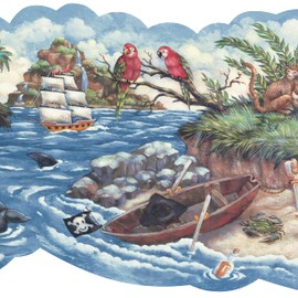 Concord Wallcoverings Wallpaper Border Pirate Pattern Islands Ships Swords Treasures Parrots, Die Cut Edges for Kid's Bedroon Playroom Boy's Room, Blue Green Red Brown Yellow, 13 Inches by 15 Feet JM015203B