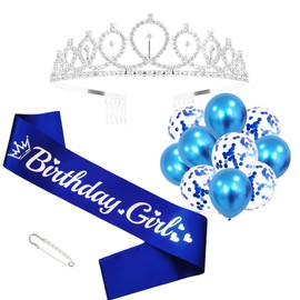 MSFLORAL Birthday Girl Sash and Rhinestone Tiara Kit, Silver Letter Royal Blue Birthday Sash Balloons Crystal Silver Tiara Crowns for Girl Birthday Gift Ideas Party Decorations