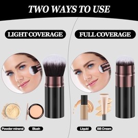Keriloo Brocha de maquillaje retráctil Kabuki, paquete de 2 brochas de maquillaje para base de polvo de viaje, brochas de rubor facial para mezclar lí