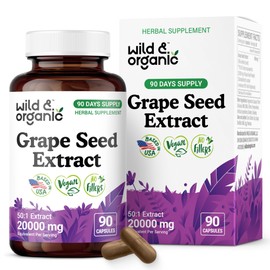 Wild & Organic Grape Seed Extract Capsules - 20,000 mg Strength Grapeseed Extract Equivalent - 95% Polyphenols - 400 mg per Serving - 3 Month Supply - 90 Vegan Capsules - Non-GMO