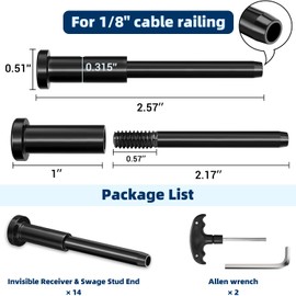 Toscoco 14 Pack Black Cable Railing Kit Invisible Receiver&Threaded Stud End for 1/8" Cable Railing System, T316 Marine Grade Swage Tensioner Hardware for 2x2 Wood Metal Post, with Custom Hex Wrench