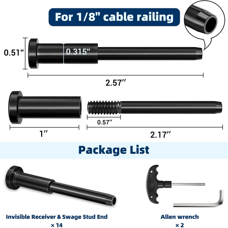 Toscoco 14 Pack Black Cable Railing Kit Invisible Receiver&Threaded Stud