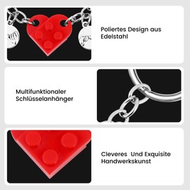 ACIELANNA Heart Key Chain, 2 Pairs Heart-Shaped Keyring Partner for Christmas Day, Valentine's Day and Anniversaries Gifts, Mother's Day (Red + Black), block heart