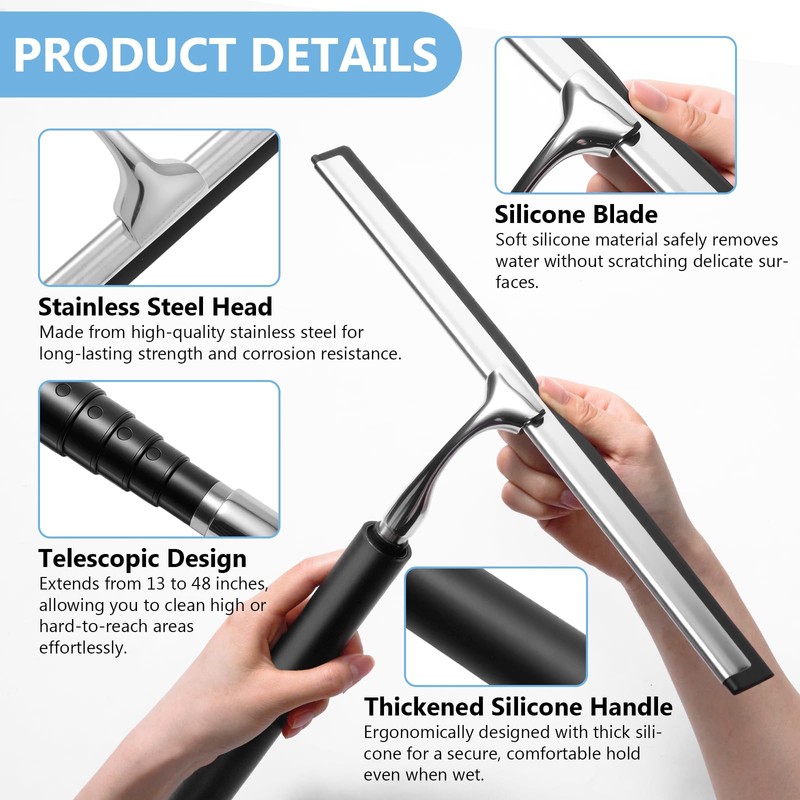 Squeegee for Shower Glass with Long Handle – Extends 13"