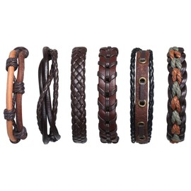 flintronic Leather Bracelet, 6Pcs Adjustable Fashion Punk Braided Men & Women Rope Bracelet Cuff Vintage Bracelets Wrap Set Series
