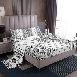 America Southwest Sheet Set Queen Size,Aztec Tribal Style Bedding Set,Black White Stripes Bed Sheet Kids Girls Women Adult Room Decor Vintage Rustic Farmhouse Fitted + Flat Sheet,2 Pillowcases