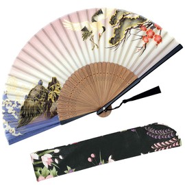 Zolee Folding Hand Fan for Women - Foldable Chinese Japanese Vintage Bamboo Silk Fan - for Hot Flash, Dance, Performance, Decoration, Party, Gift (Crane)